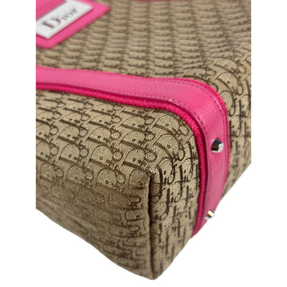 Dior Vintage Brown Monogram Canvas Street Chic Pink Leather Trim Shoulder Bag - Picture 5 of 9